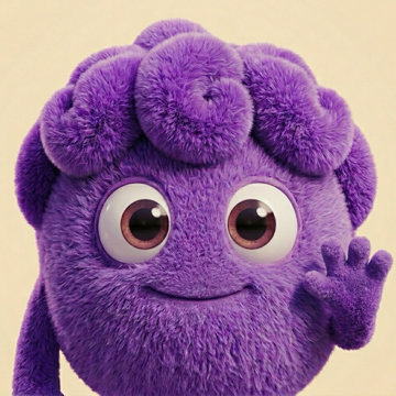 Buddy, a fuzzy purple friend, waving